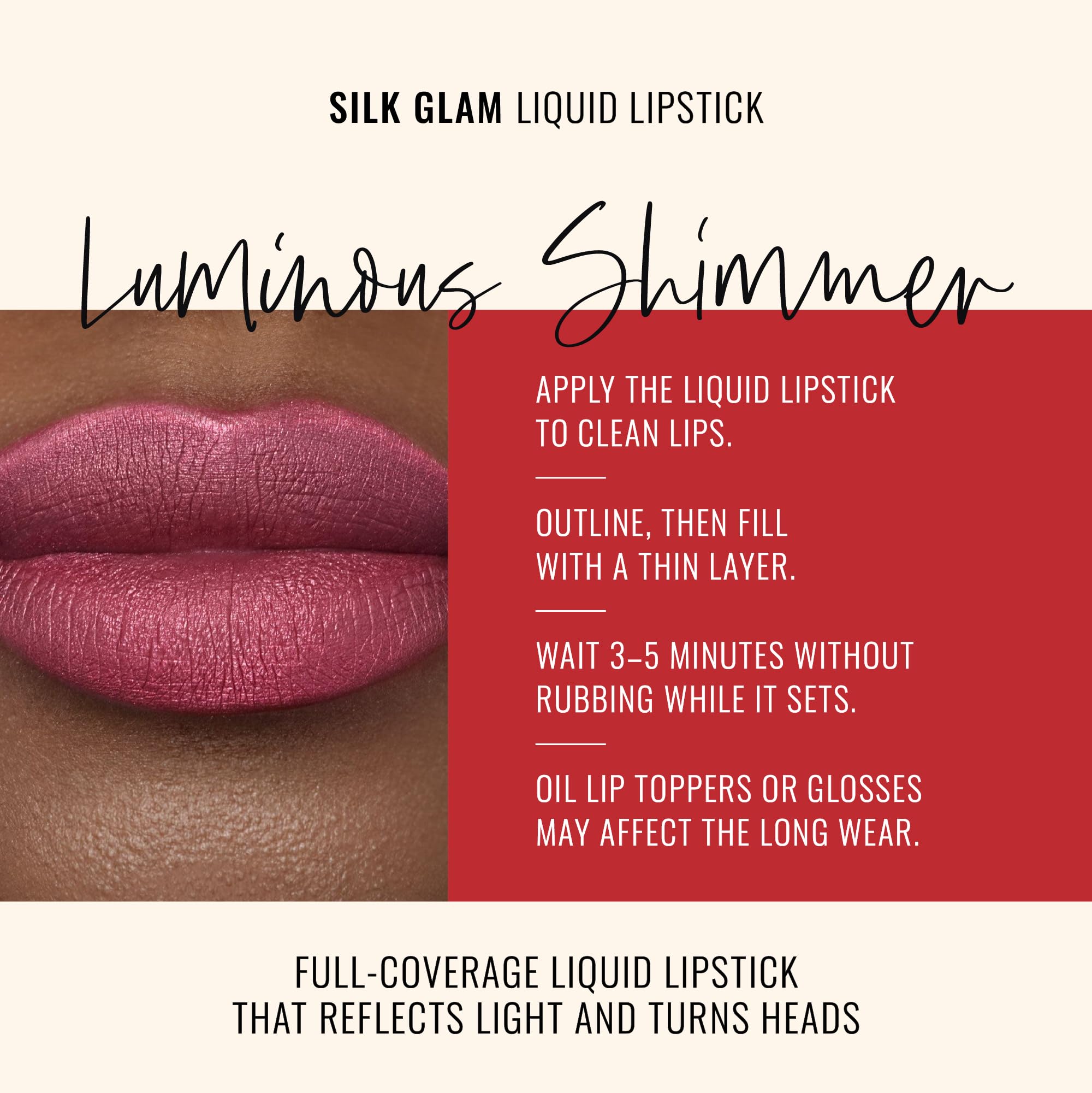 Runway Rogue Silk Glam liquid lipstick application close-up for smooth, even color.