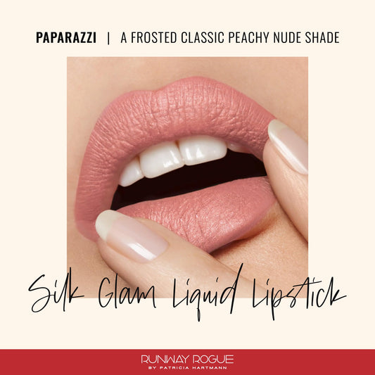 Runway Rogue Silk Glam Lipstick applying to lips for smooth, even coverage.