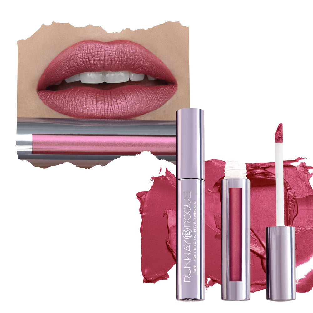 Runway Rogue Silk Glam lipstick bottle shows long-wear First Class shade.