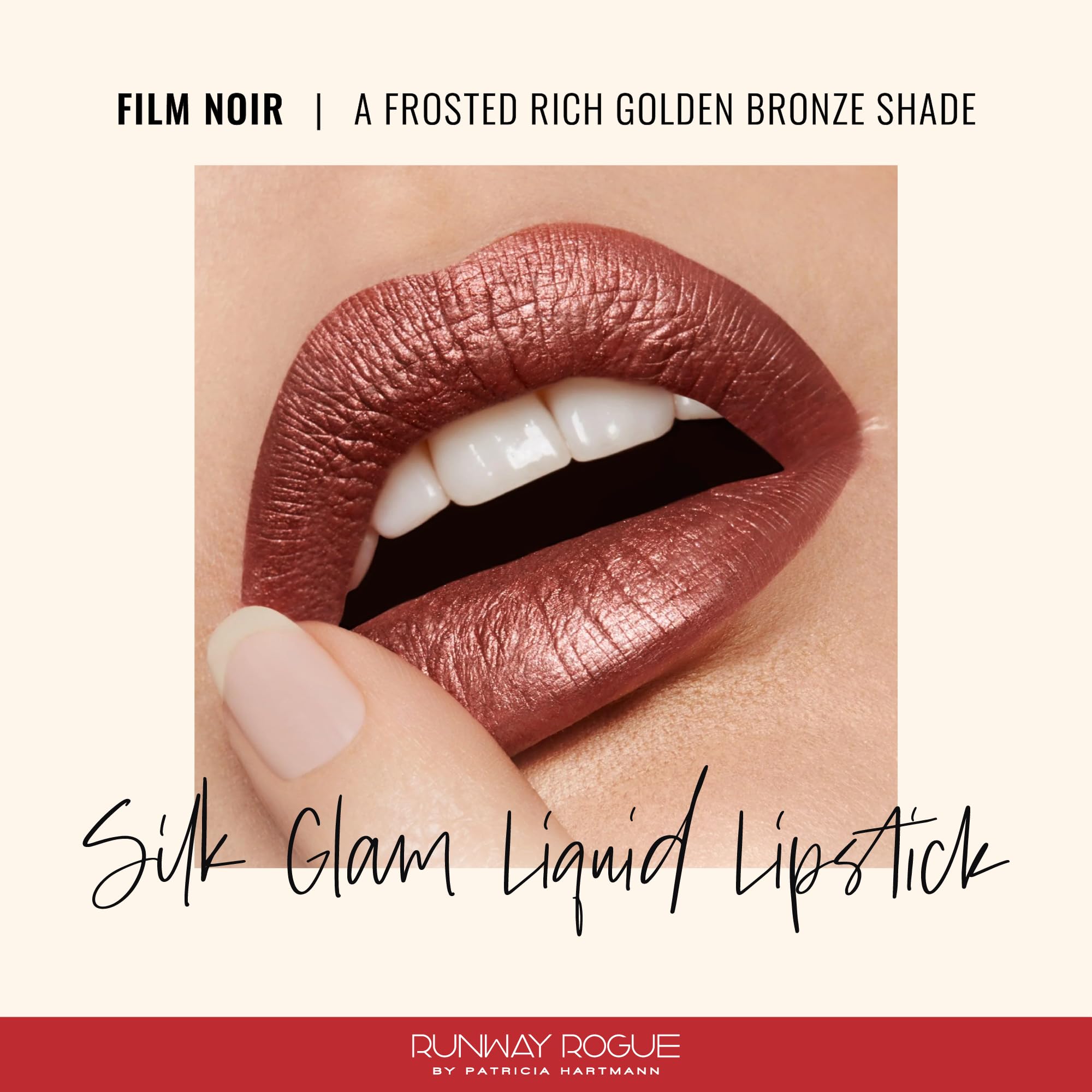 Runway Rogue Silk Glam Lipstick Film Noir swatches reveal shimmering bronze-gold luminosity