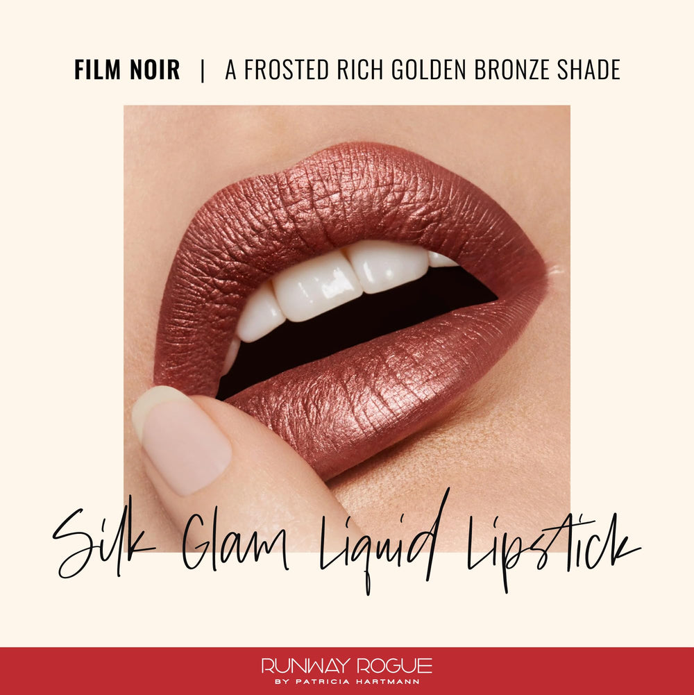 Runway Rogue Silk Glam Lipstick Film Noir swatches reveal shimmering bronze-gold luminosity
