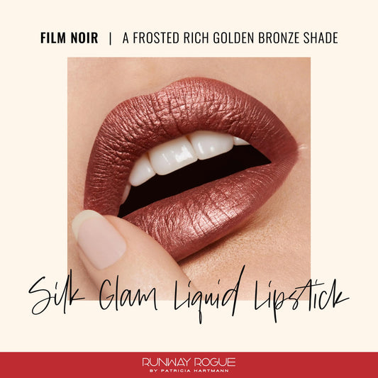 Runway Rogue Silk Glam Lipstick Film Noir swatches reveal shimmering bronze-gold luminosity