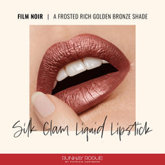 Runway Rogue Silk Glam Lipstick Film Noir swatches reveal shimmering bronze-gold luminosity