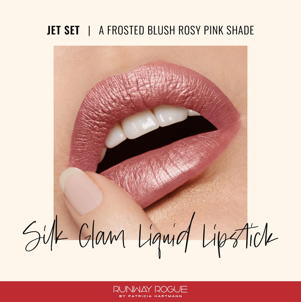 Runway Rogue Silk Glam Lipstick Frosted Rose swatch highlights rosy, luminous finish.