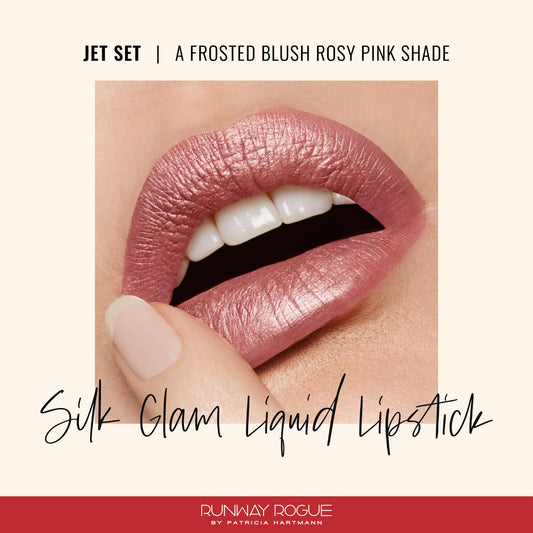 Runway Rogue Silk Glam Lipstick Frosted Rose swatch highlights rosy, luminous finish.