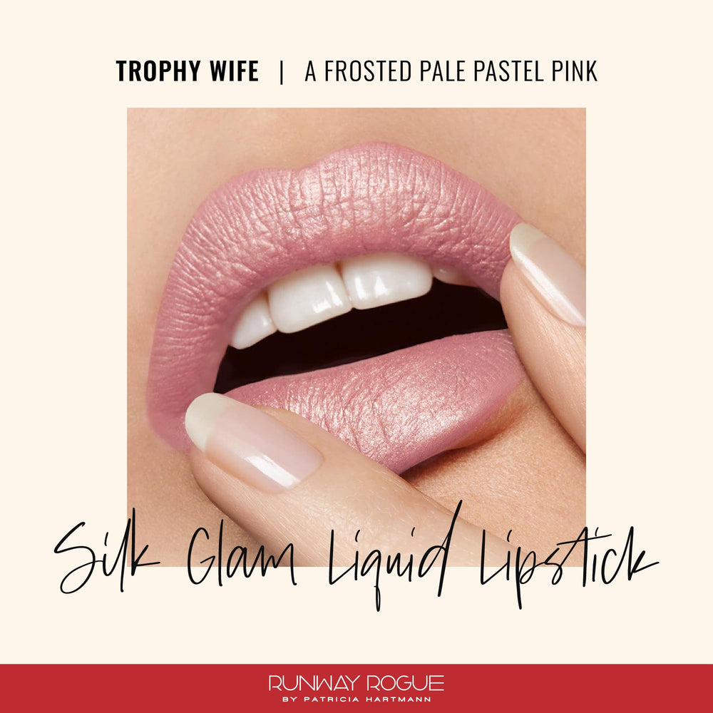 Runway Rogue Silk Glam Lipstick Trophy Wife application shot showing full-coverage color.