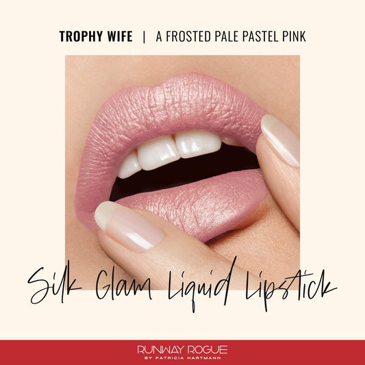 Runway Rogue Silk Glam Lipstick Trophy Wife application shot showing full-coverage color.