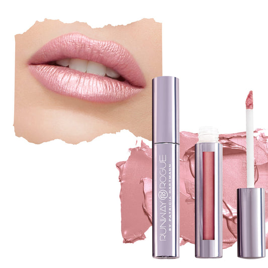 Runway Rogue Silk Glam Lipstick Trophy Wife bottle close-up for a frosted pale-pink look.