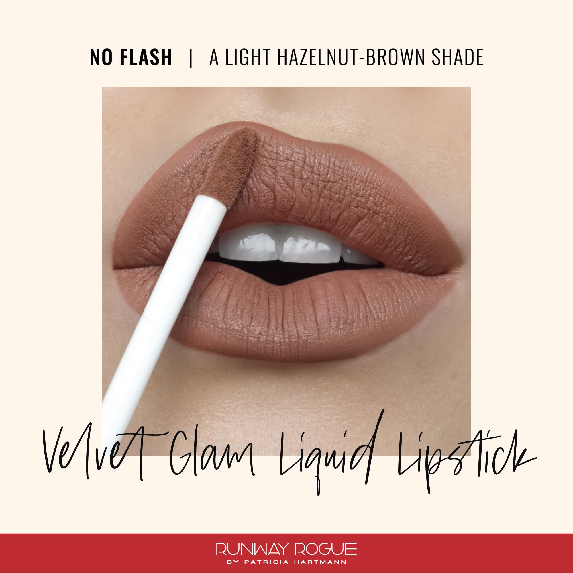 Runway Rogue Velvet Glam No Flash swatches on forearm reveal light hazelnut brown