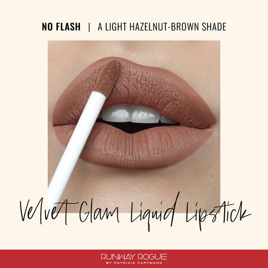 Runway Rogue Velvet Glam No Flash swatches on forearm reveal light hazelnut brown