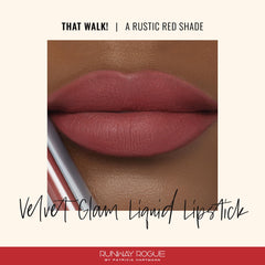 Runway Rogue Velvet Glam That Walk swatch on arm shows rustic red shade.