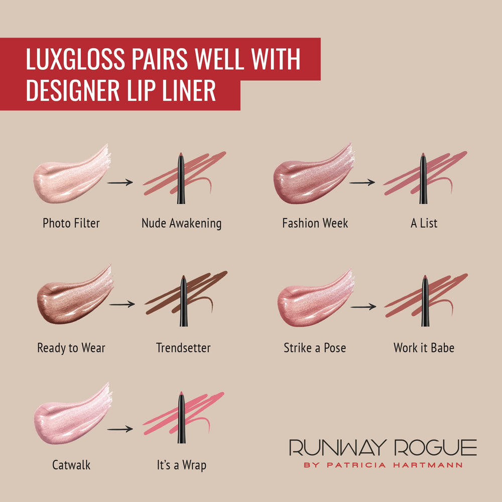 Runway Rogue Lip Glow close-up showcases moisturizing shine with jojoba and vitamin E.