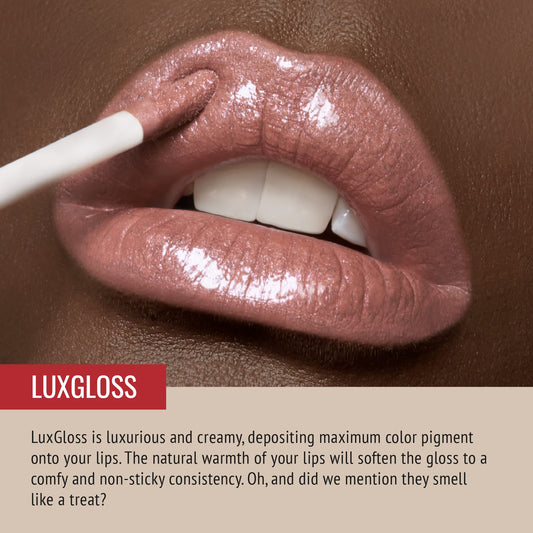 Runway Rogue LuxGloss Fashion Week bottle close-up with rose-gold shimmer for a luxe finish.
