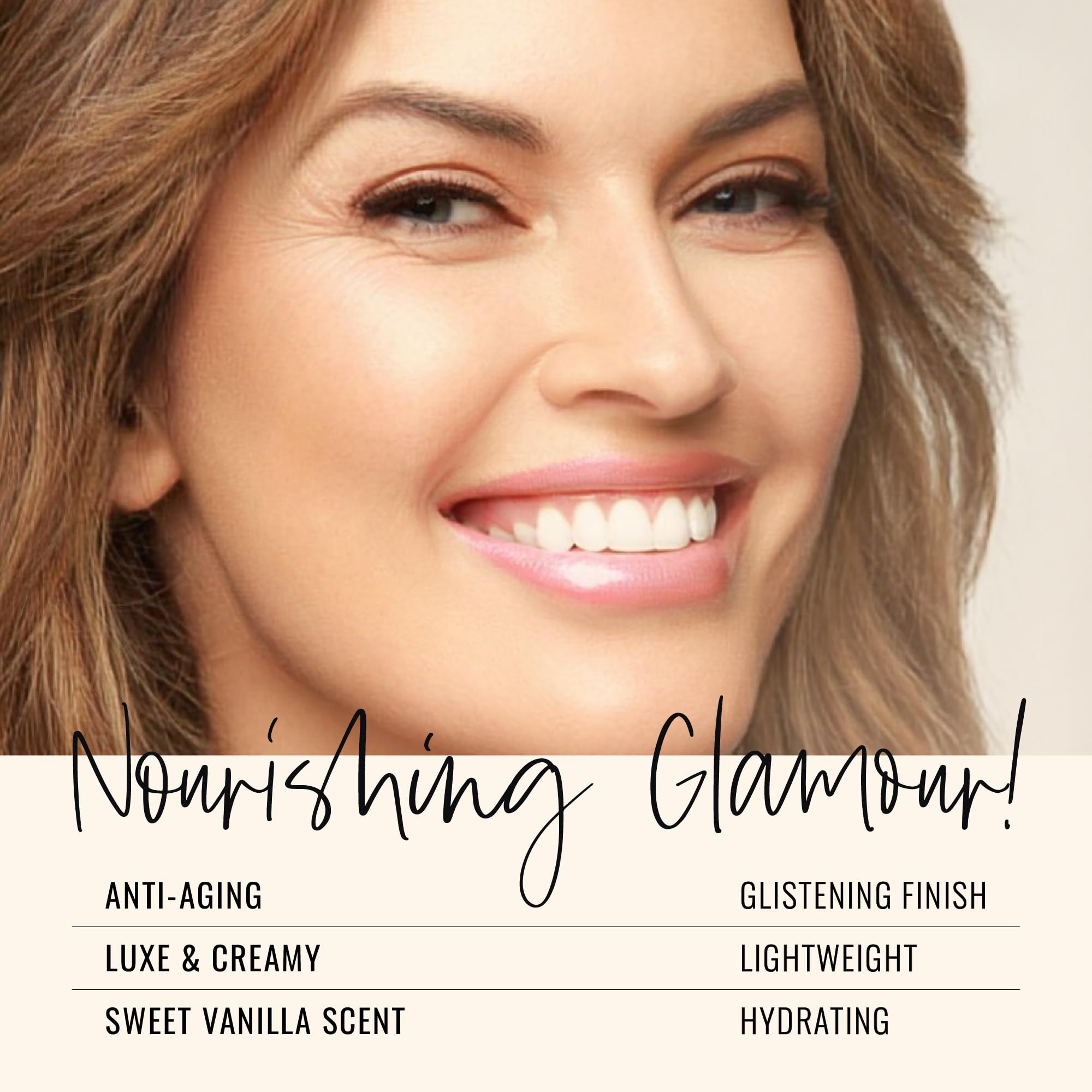 LuxGloss on lips for a glossy nude finish with reflected light.