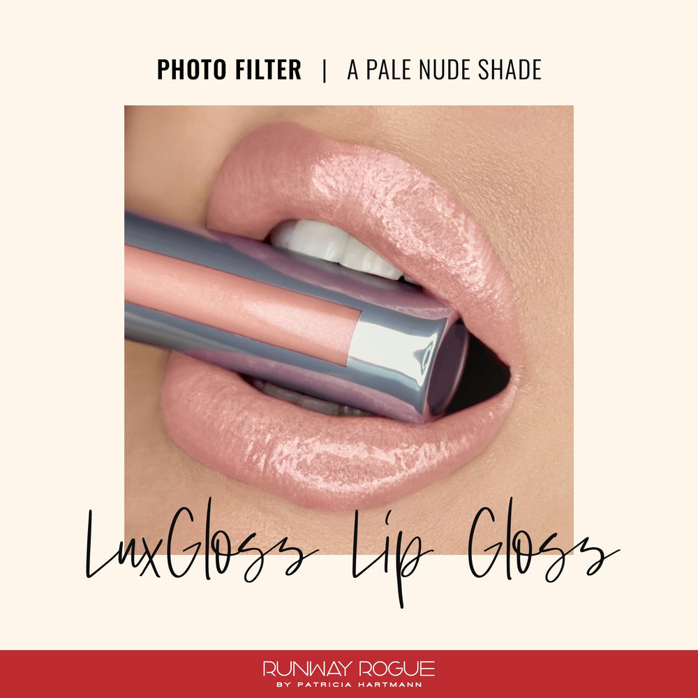 Close-up of LuxGloss Photo Filter being applied to lips for rich color and shine.