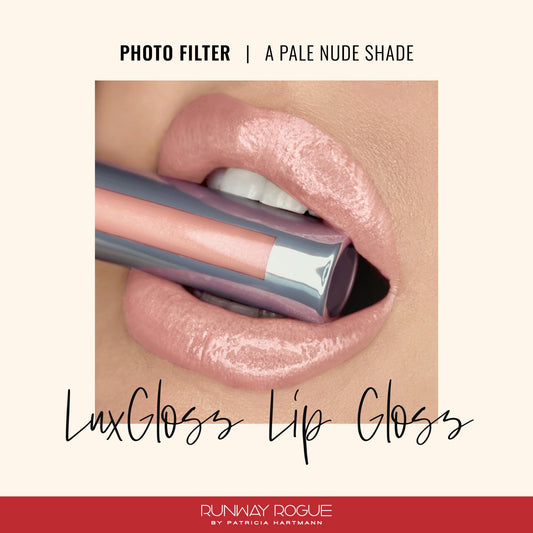 Close-up of LuxGloss Photo Filter being applied to lips for rich color and shine.