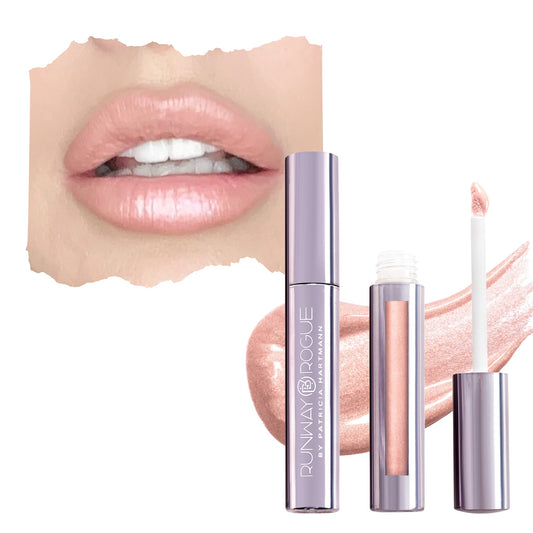 Runway Rogue LuxGloss Photo Filter tube showing pale-nude shimmer and bottle label for detailed view.