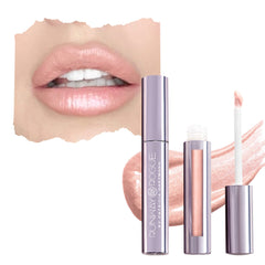 Runway Rogue LuxGloss Photo Filter tube showing pale-nude shimmer and bottle label for detailed view.