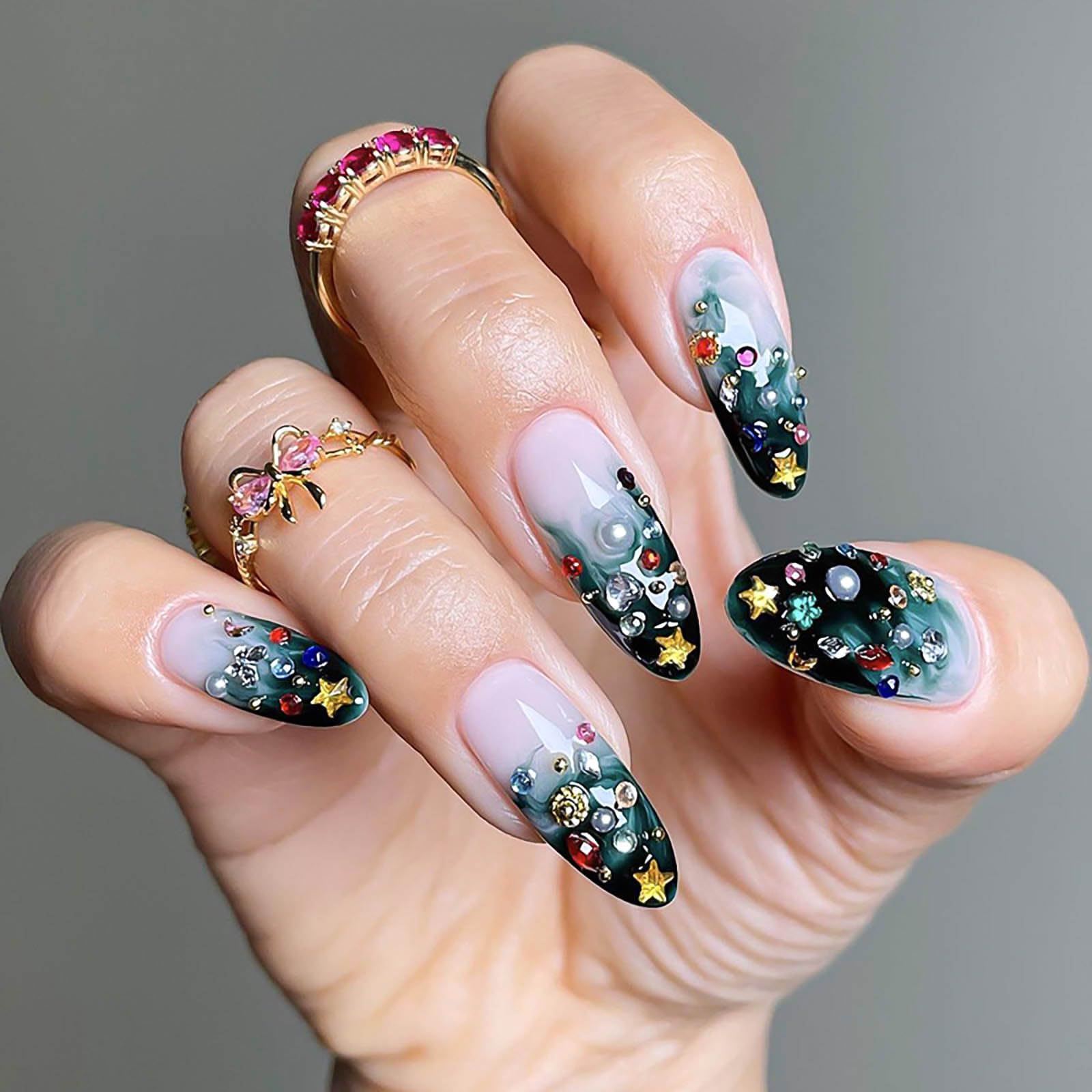 RUOKEXIN almond press-on nails in green ombre with rhinestones for elegant DIY manicure