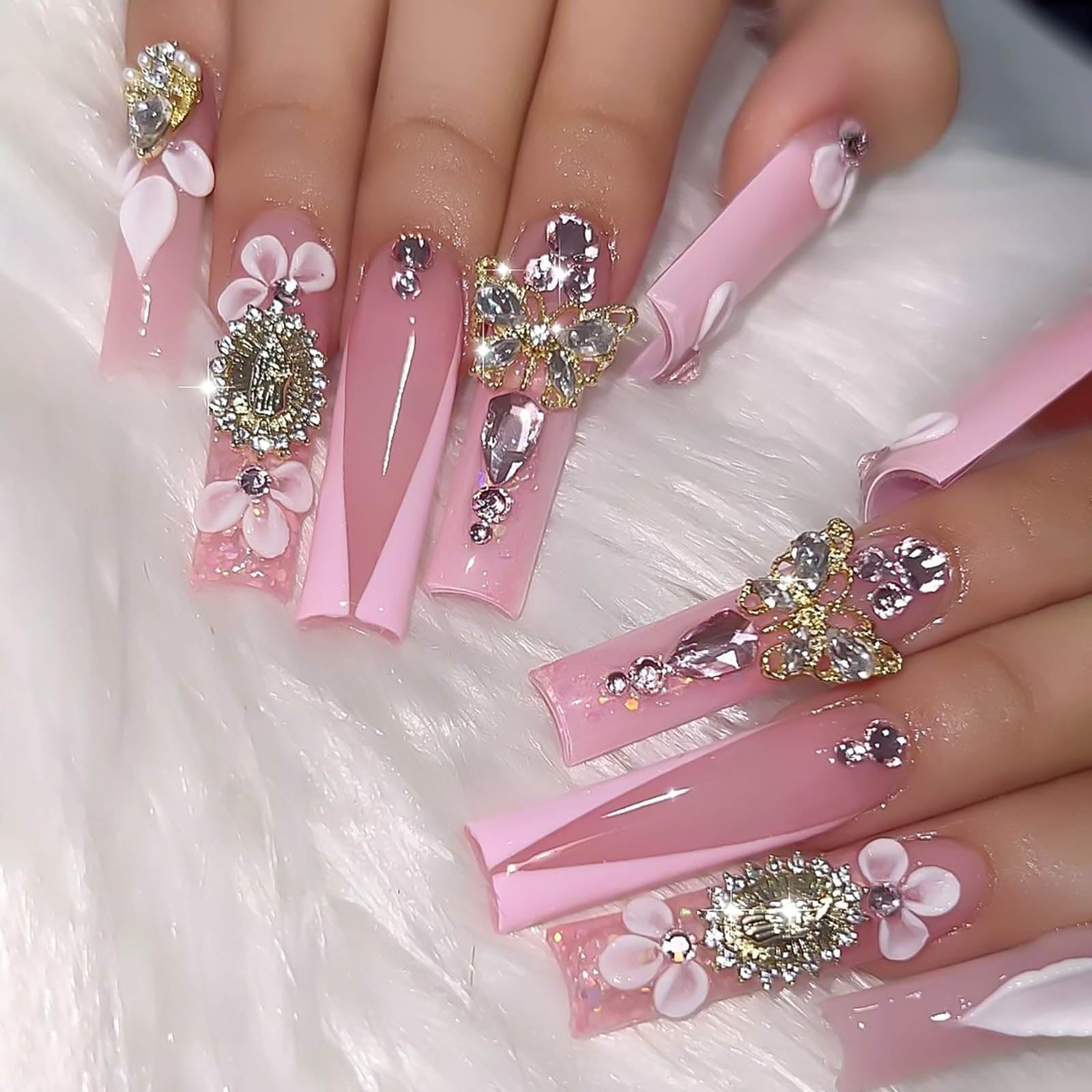 RUOKEXIN long press pink french nails with butterfly charms for at-home manicure