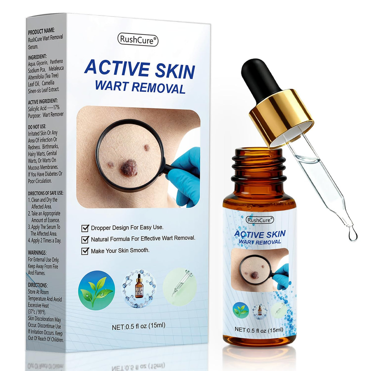 RushCure wart remover bottle highlights precision spot treatment
