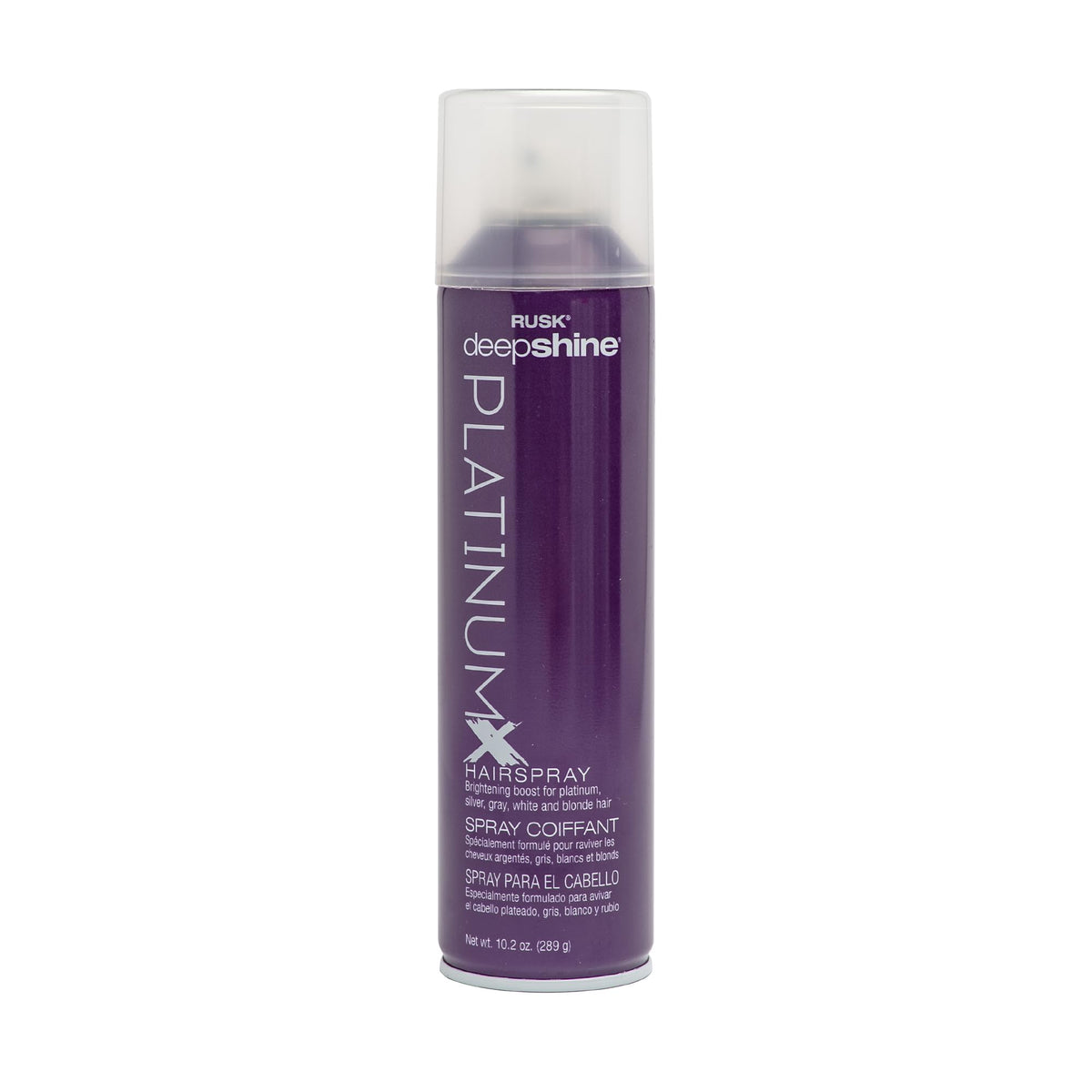 RUSK Deepshine PlatinumX hairspray bottle with a fast-drying, non-stick finish.