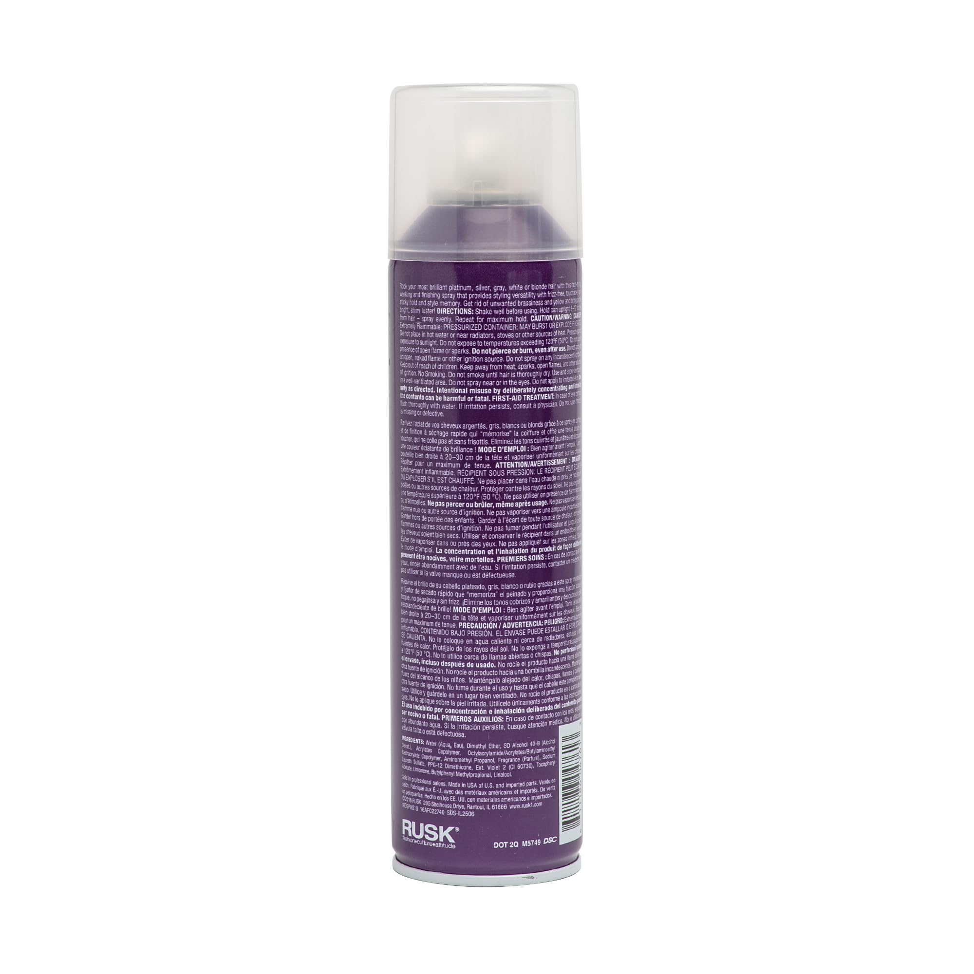 RUSK Deepshine PlatinumX hairspray mist in action delivering all-day hold.