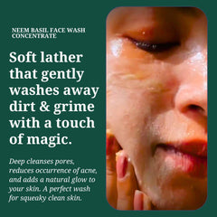 Rustic Art Neem Basil Face Wash concentrate close-up with lemongrass oil highlights soothing notes.