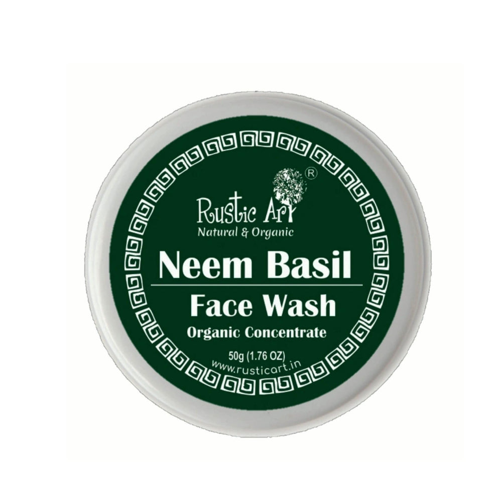 Rustic Art Neem Basil Face Wash concentrate evening routine visualization for clear skin.
