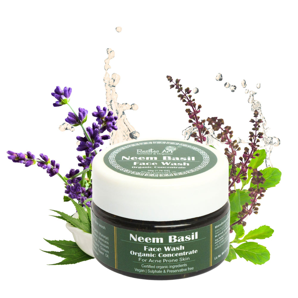 Rustic Art Neem Basil Face Wash concentrate compact packaging for on-the-go cleansing.