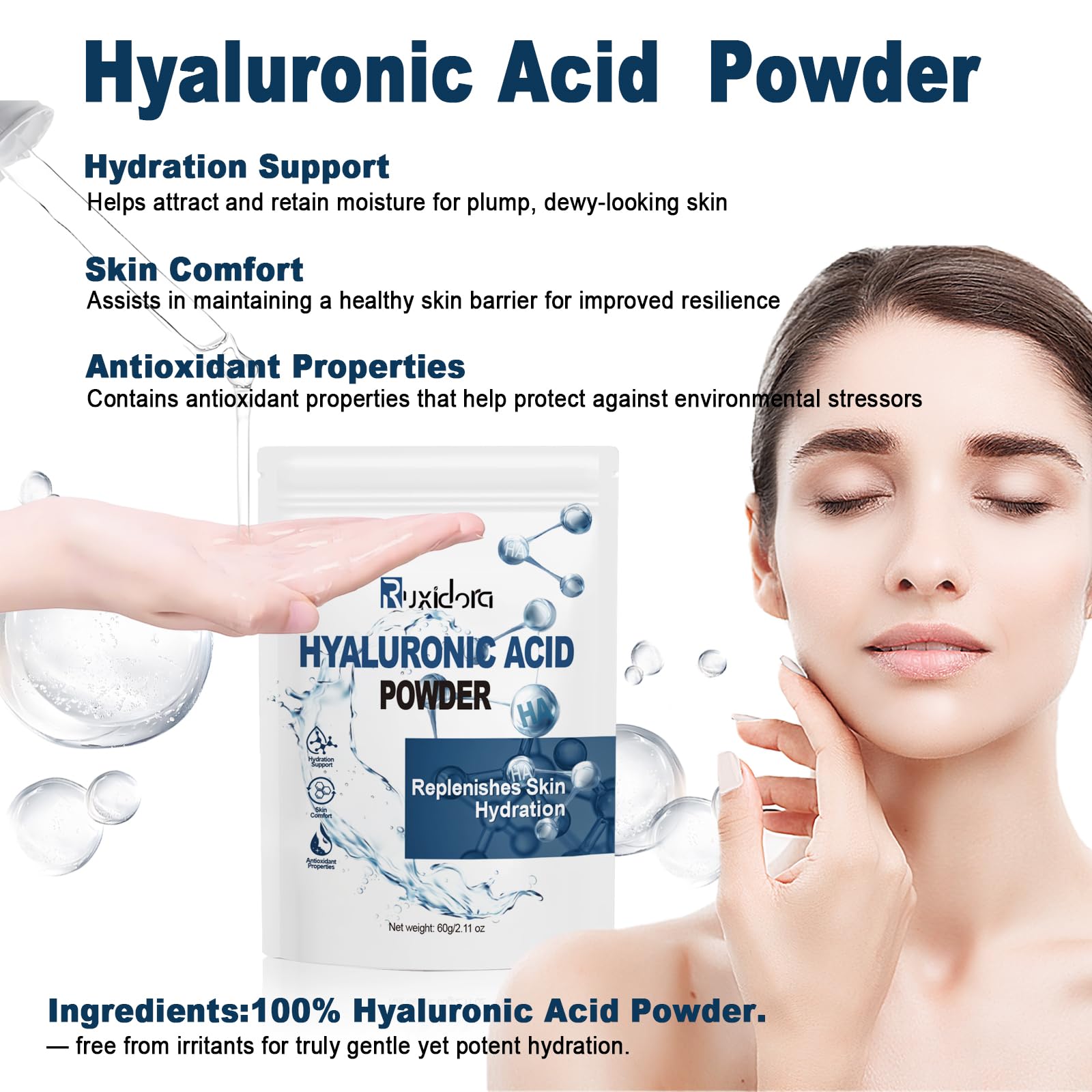 Ruxidora Hyaluronic Acid Powder dissolving in water for easy DIY skin hydration.