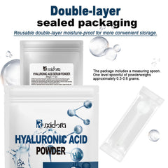 Ruxidora Hyaluronic Acid Powder bottle label closeup — cosmetic-grade formula for sensitive skin.