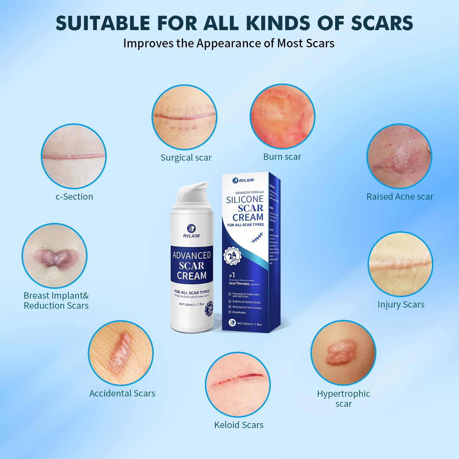 Rvlaim gel applied to facial area for versatile scar care.