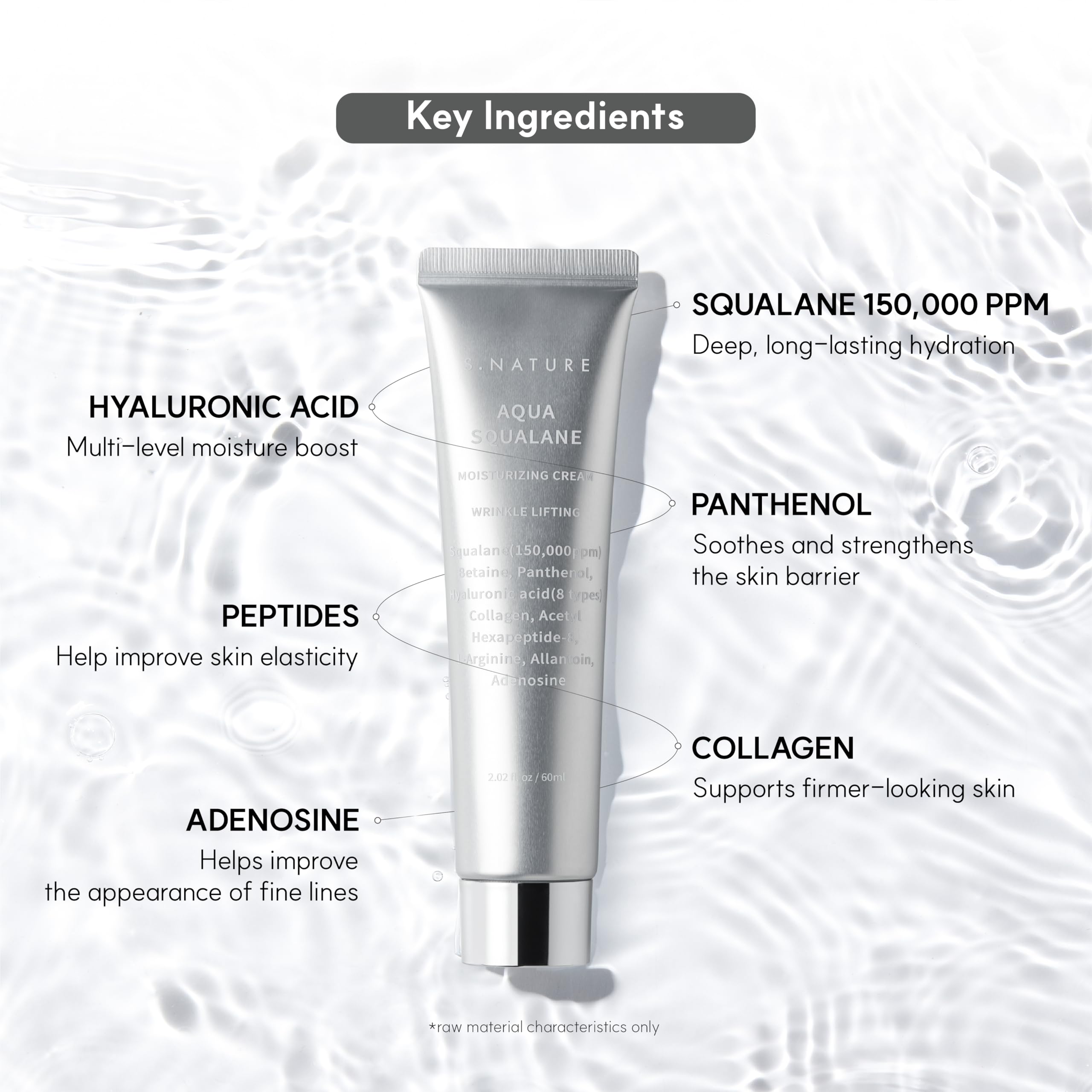 S.NATURE Aqua Squalane Cream hydrates skin with visible moisture.