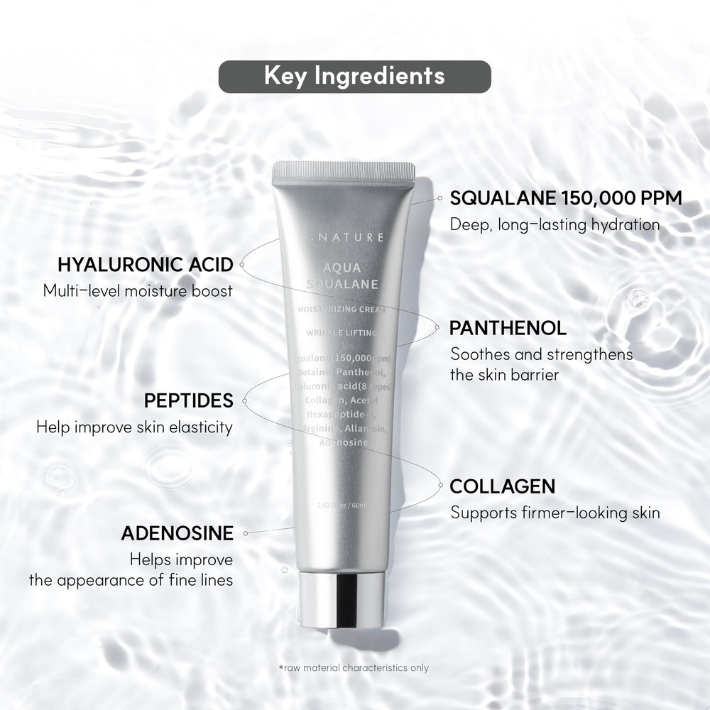 S.NATURE Aqua Squalane Cream hydrates skin with visible moisture.