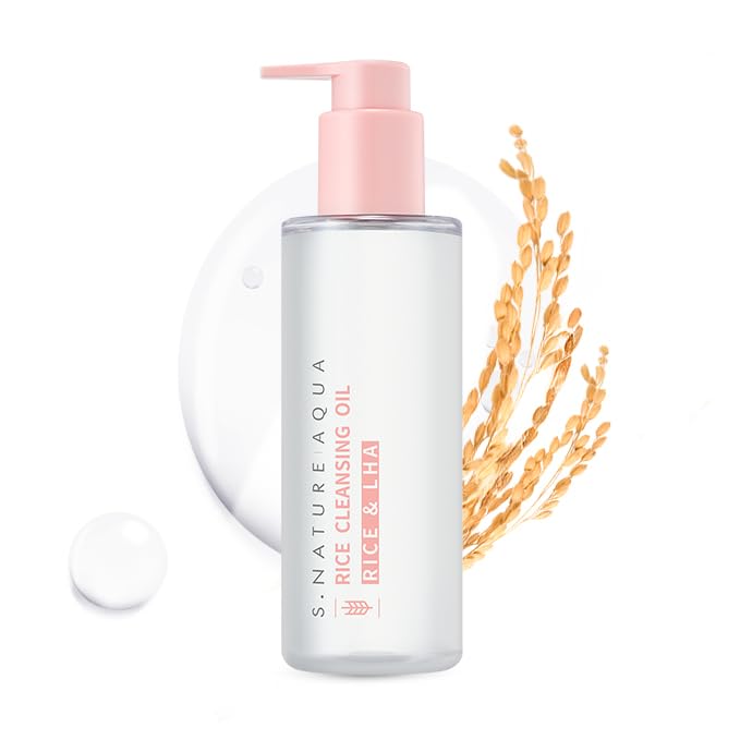 S.NATURE Aqua Rice Cleanser bottle pour supports gentle makeup removal.