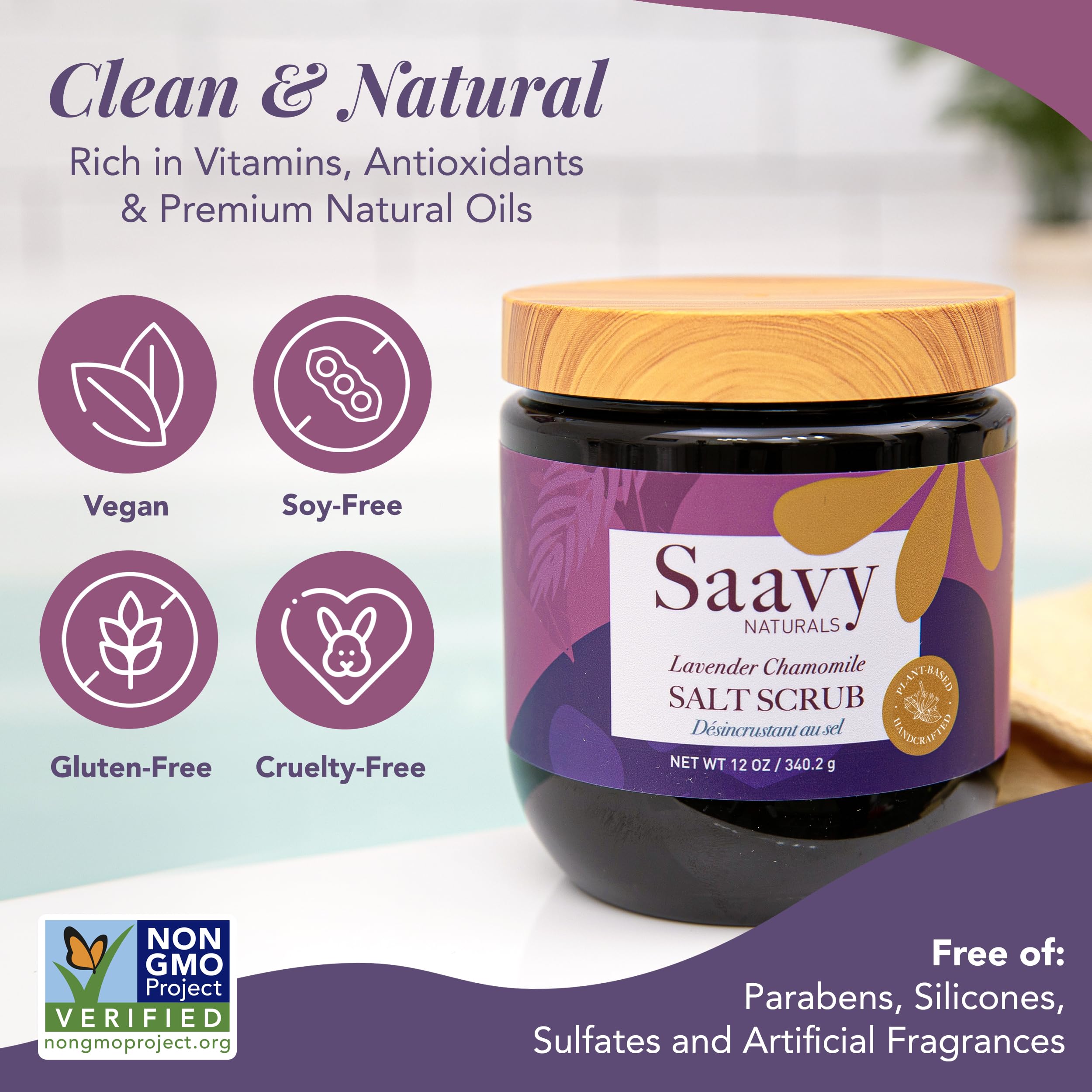 Saavy Naturals body scrub jar closeup highlighting salt-based exfoliation and vitamin E.