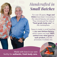 Saavy Naturals made in USA label on handcrafted small-batch tub.