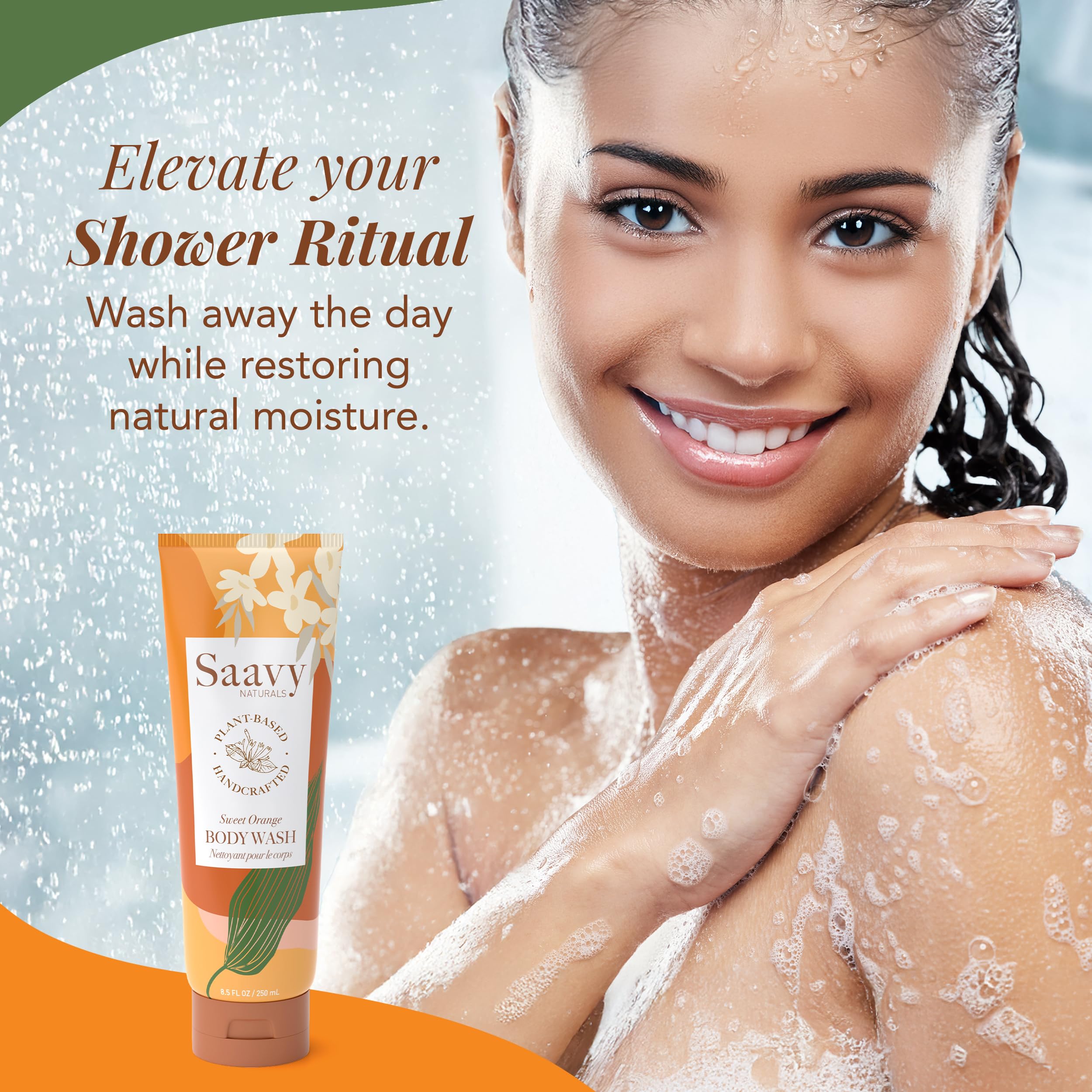 Saavy Naturals bottle shows coconut oil droplets for nourishing plant-based cleansing.