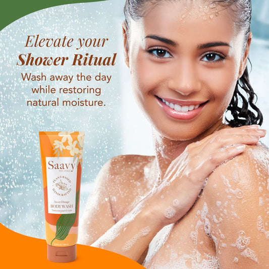Saavy Naturals bottle shows coconut oil droplets for nourishing plant-based cleansing.