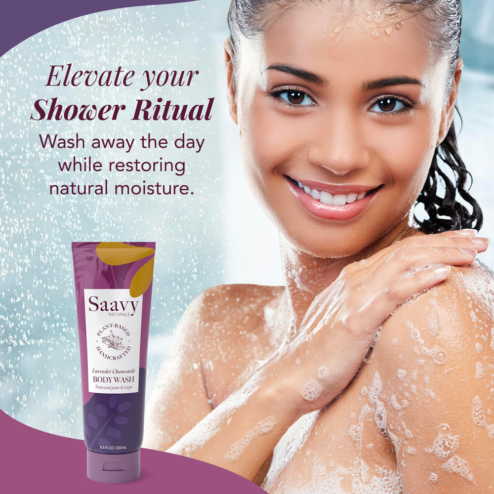 Saavy Naturals plant-based body wash pump bottle with subtle spa-worthy lather