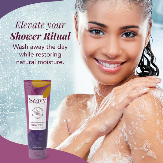 Saavy Naturals plant-based body wash pump bottle with subtle spa-worthy lather