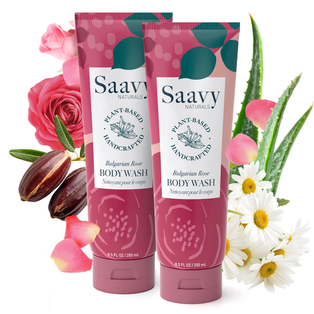 Saavy Naturals Bulgarian Rose body wash bottle showing plant-based formula for sensitive skin