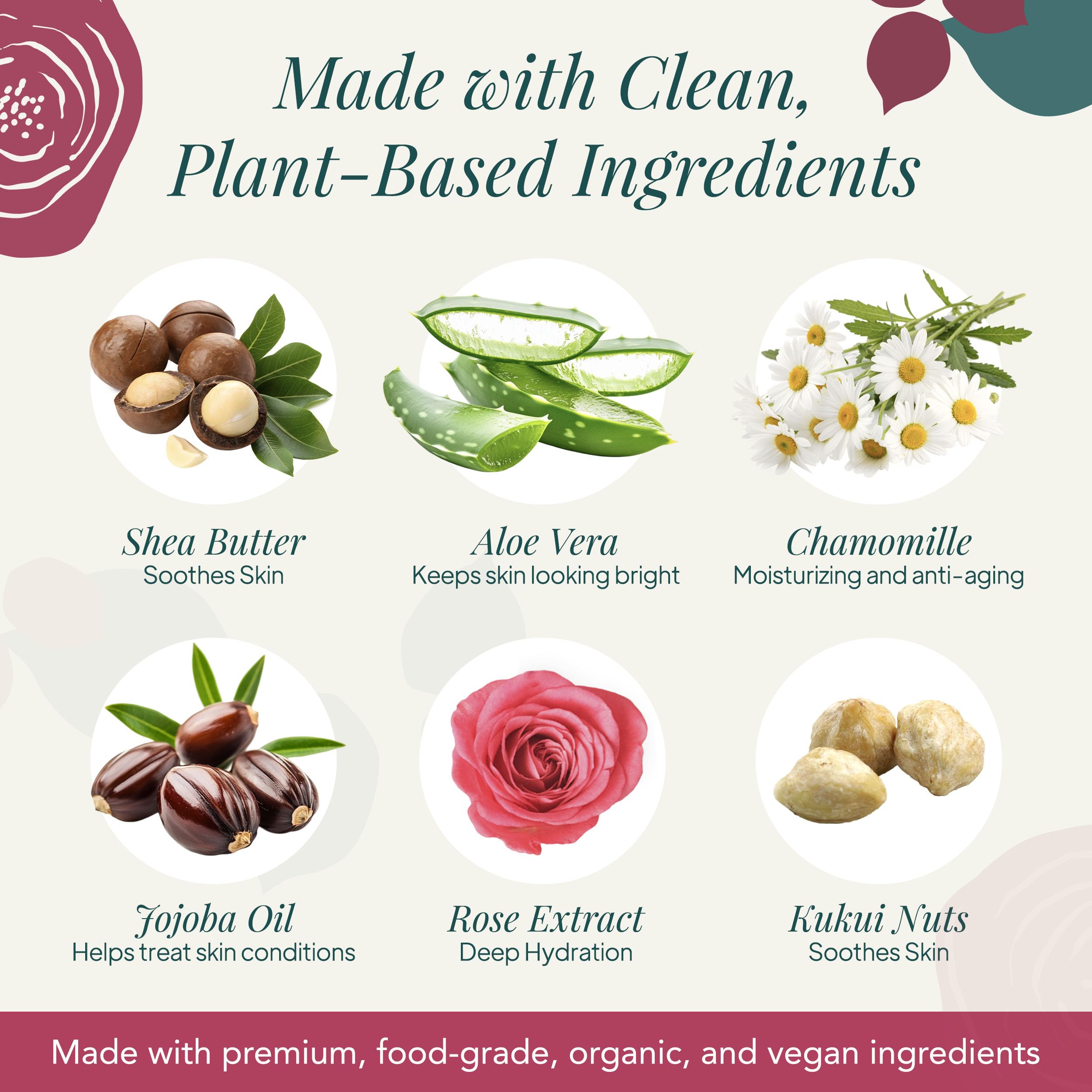 Saavy Naturals Bulgarian Rose ingredients panel featuring coconut oil and aloe vera