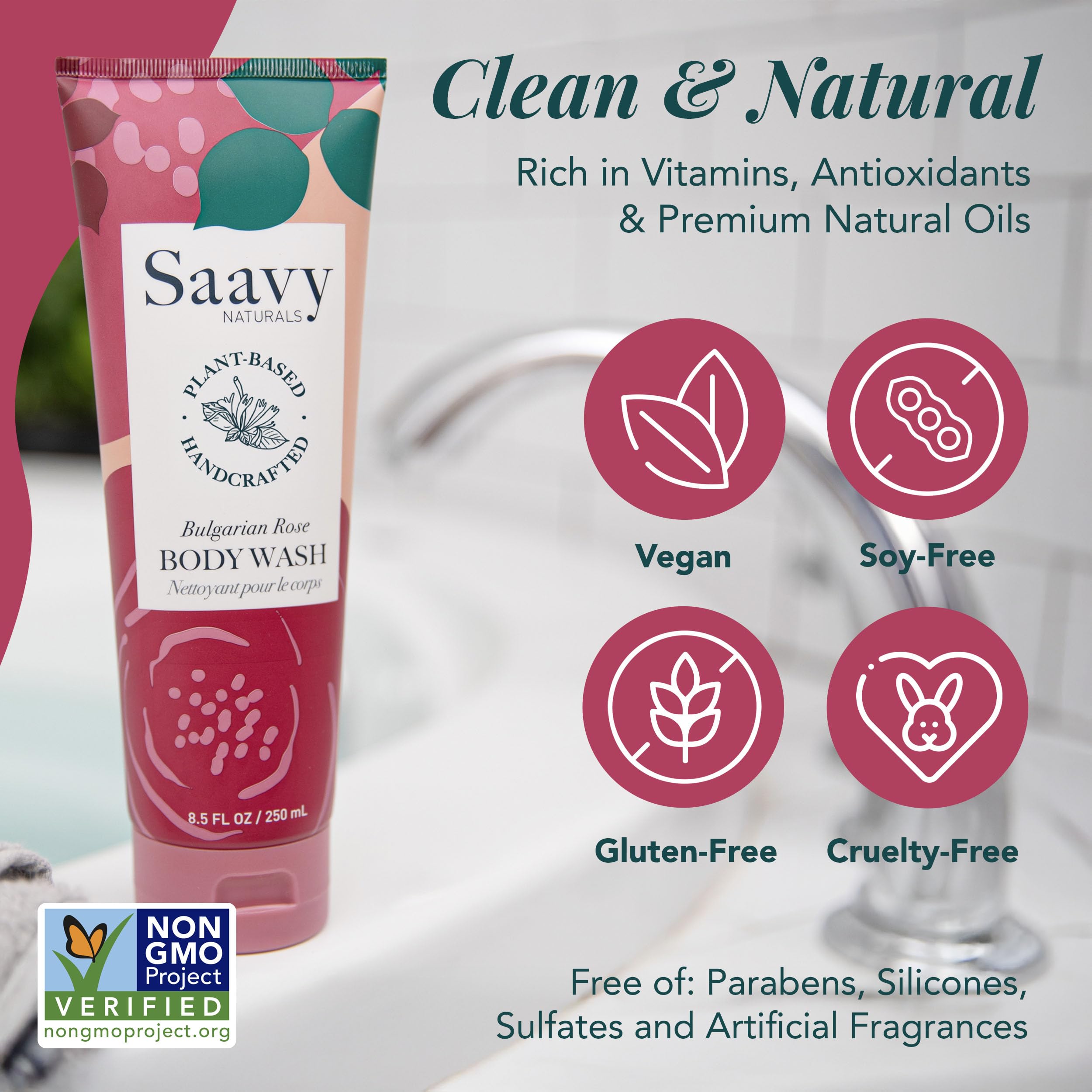 Saavy Naturals Bulgarian Rose label close-up noting paraben-free cruelty-free