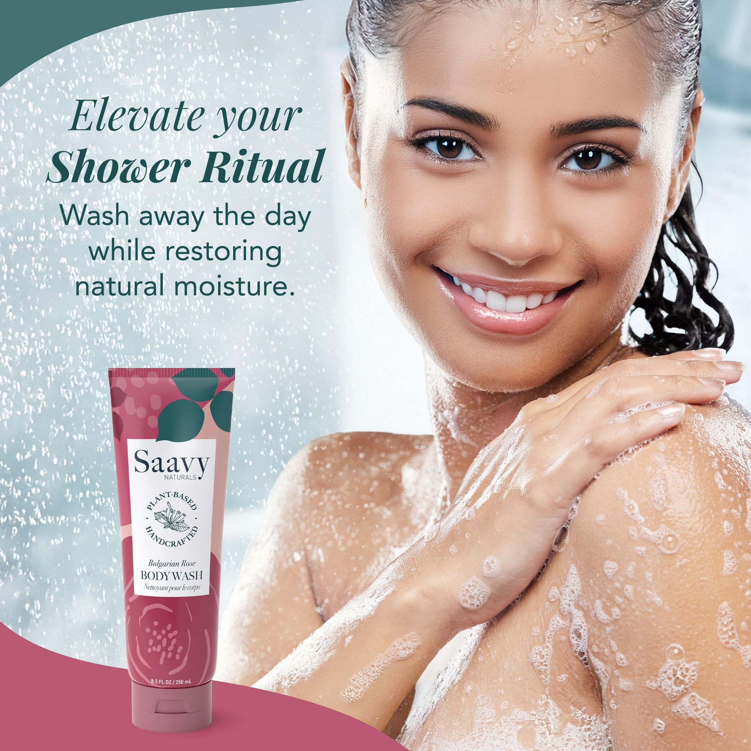 Saavy Naturals Bulgarian Rose body wash lather close-up with creamy foam