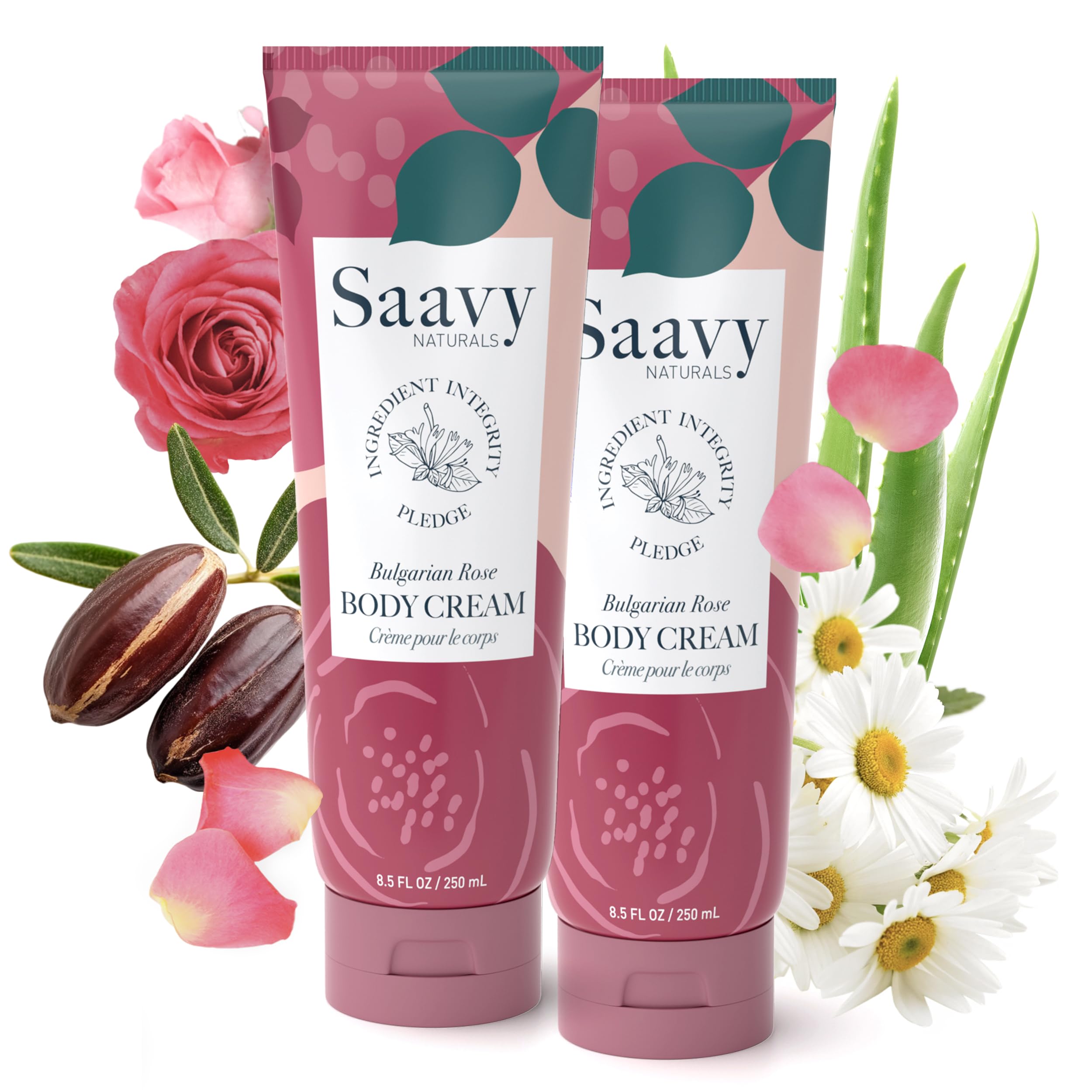 Saavy Naturals body cream bottle with rose scent for daily moisture