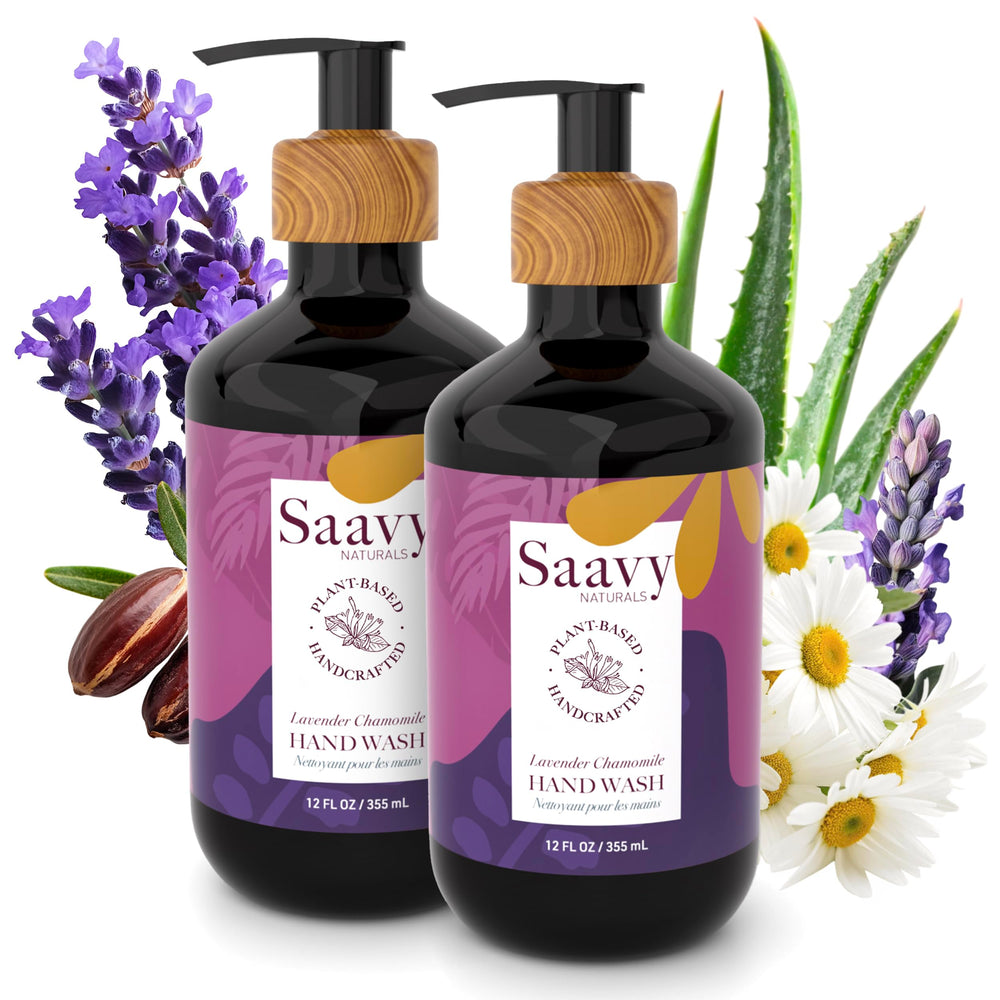 Saavy Naturals Hand Wash bottle featuring lavender chamomile for gentle cleansing and soothing fragrance.