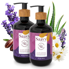 Saavy Naturals Hand Wash bottle featuring lavender chamomile for gentle cleansing and soothing fragrance.