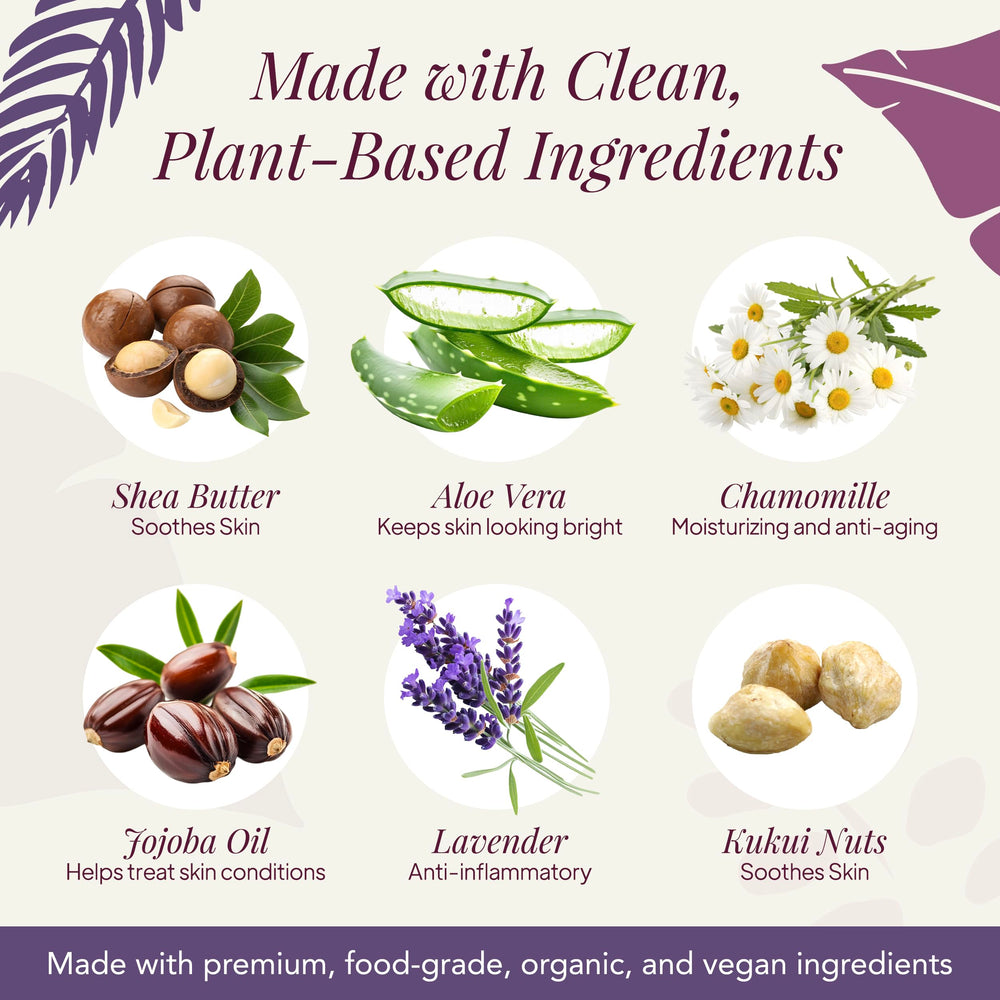 Saavy Naturals hand wash closeup Aloe and Shea illustration shows nourishing, skin-friendly ingredients.